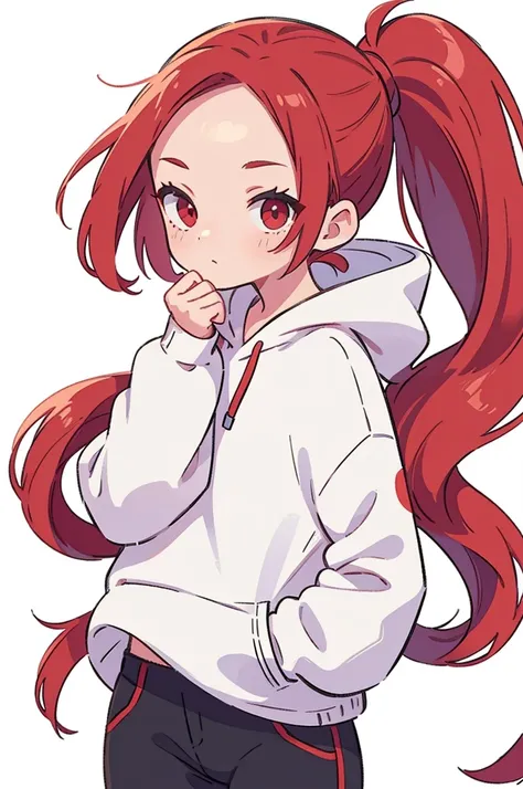 1 woman, Adult, Red Hair, ponytail, forehead, red eyes, white hoodie, black pants, white background, perfect hands, 