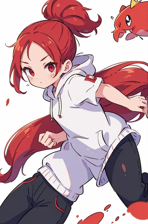 1 woman, Adult, Red Hair, ponytail, forehead, red eyes, white hoodie, black pants, white background, perfect hands, 