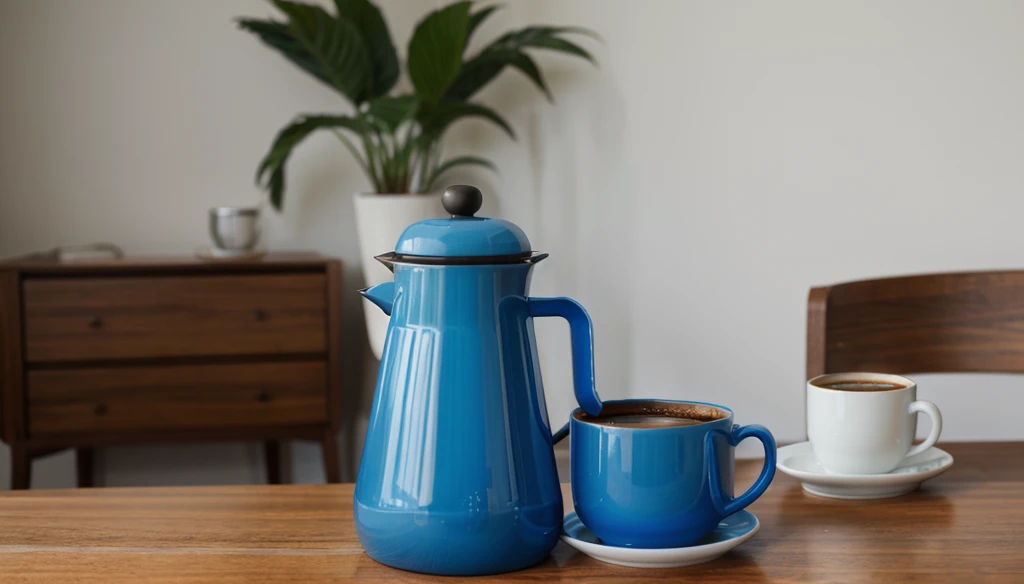 A blue coffee pot and a cup of hot coffee, EM PRIMEIRO PLANO, background azul marinho, obra de arte, 8k, high resolution.