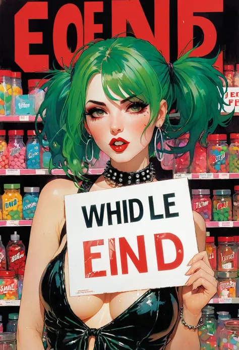 punk girl, green hair, sexy, in the middle of a small candy store, facial cumshot, cum, a lot of cum, (((holds a sign with the text: "END"))), art by Bill Sienkiewicz, intricate details. red tones
