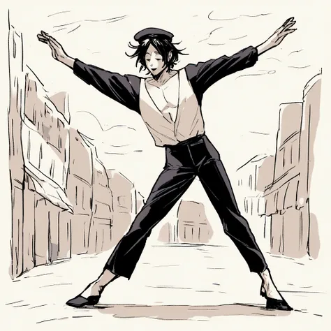 adult tall male mime, shirt grunge, sketchy lines, messy hair, black hair, wearing a beret,,happy, has mime makeup on, wearing a mime outfit, dark blue eyes, performing on the streets of paris, showing full body, on a city street, solo, alone, (SOLO)(ALONE...