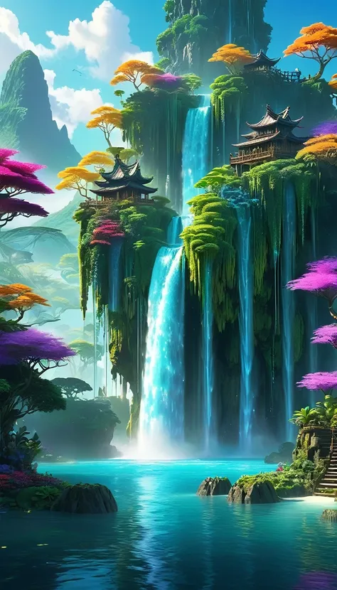 Enchanting fantasy landscape、Floating Island々、Cascading Waterfall、glowing plants、Mystical Creatures、Fantastic Light、Bright colors、dream-like、Very detailed、4K resolution」