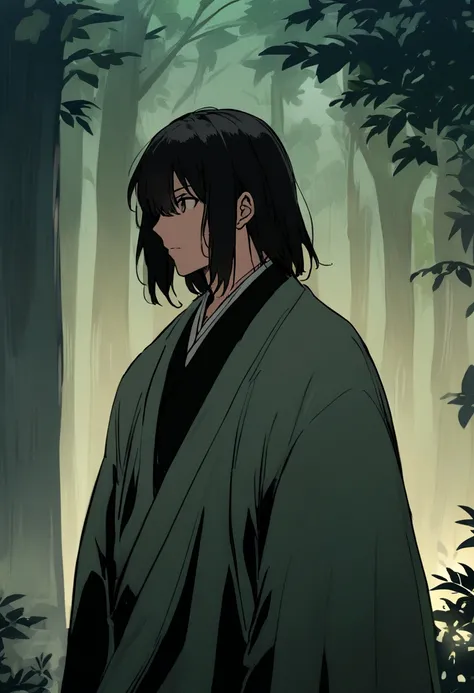 anime man, shoulder-length straight black hair, makoto shinkais style, forest background