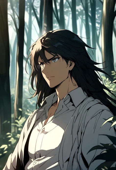 anime man, shoulder-length straight black hair, makoto shinkais style, forest background