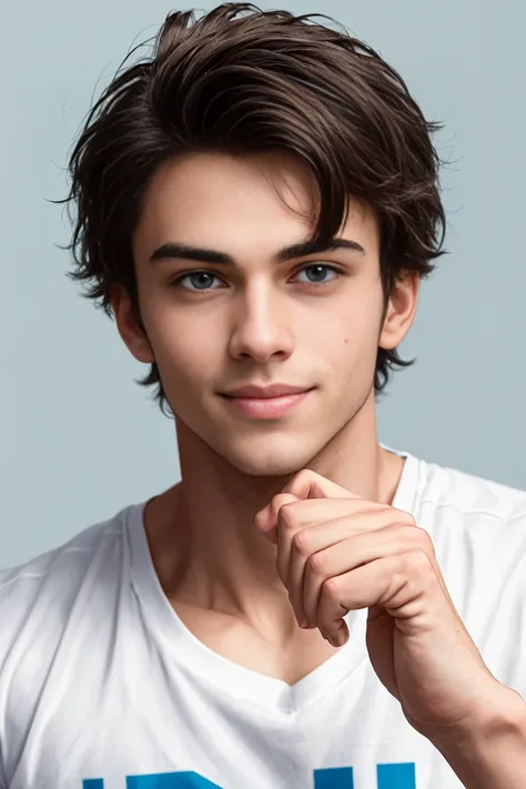 A cinematic portrait photograph of a handsome young man, shot in a mugshot style, set against a brilliant blue plain background, wearing a vibrant yellow t-shirt that pops against the calm tone, his index finger casually pointed to his forehead as if highl...