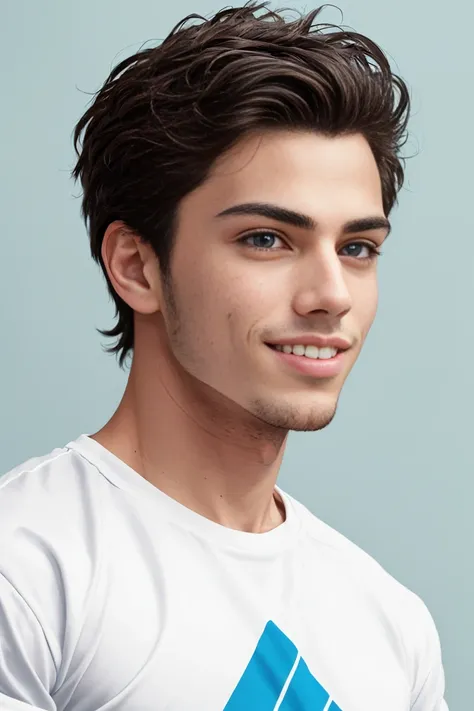 A cinematic portrait photograph of a handsome young man, shot in a mugshot style, set against a brilliant blue plain background, wearing a vibrant yellow t-shirt that pops against the calm tone, his index finger casually pointed to his forehead as if highl...