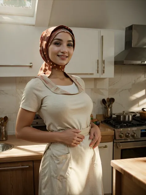 milf wearing a hijab, cinematic lighting, realistic skin, blushing, cute, sunlight, smiling, apron, housewife, wife