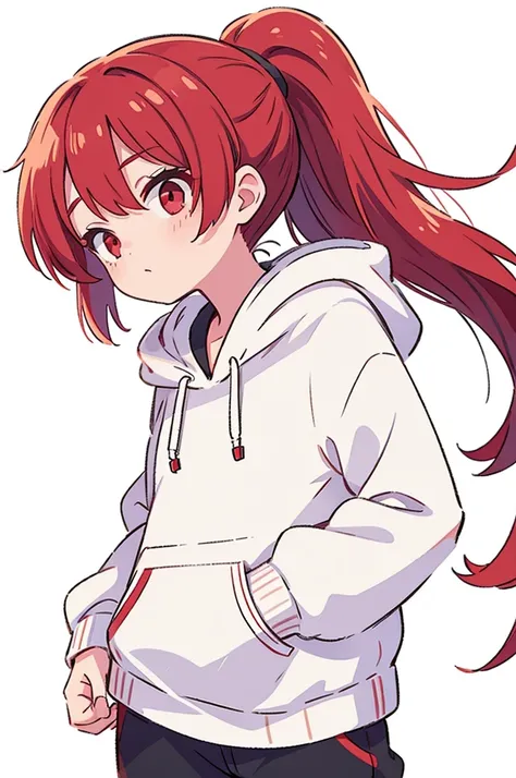 1 woman, best quality, Red Hair, ponytail, red eyes, white hoodie, black pants, white background, perfect hands