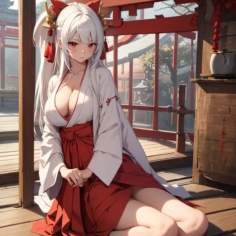 最high quality、best image quality、masterpiece、girl((20-year-old、sexy, By becomin, big bust,、thin,highest valley, japanese shrine maiden, white hair, red eyes, red hakama, sitting, cleavage, red panties, cameltoe), feet), high quality、beautiful art、backgroun...