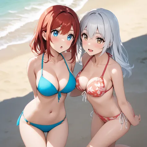 White hair brown eyes bikini girl, and red hair blue eyes bikini girl at beach