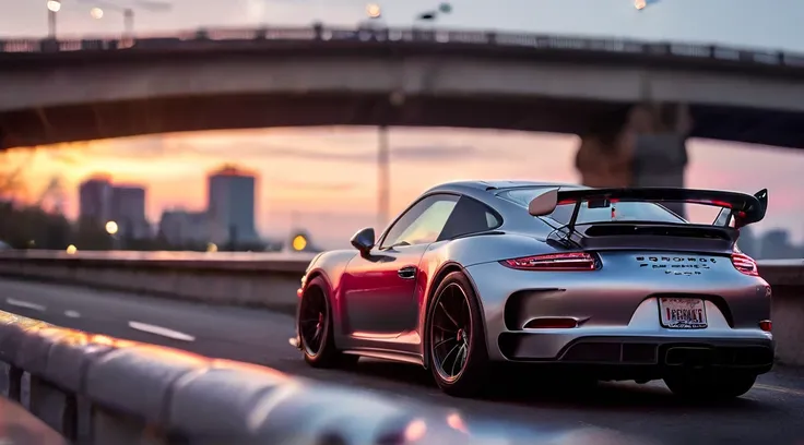 Porsche GT3 RS, slate gray, parked beneath a city bridge at sunset, bridge lights casting kaleidoscopic hues, car gleaming, reflecting the myriad of colors, shot with a Canon mirrorless camera at 200mm focal length, focus on the sleek curves of the automob...