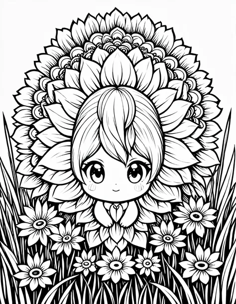 arte em tinta fina, comic style, flower mandala , coloring book page, black and white only, no colors, no shadows, chibi style, white background backgorund, grass field