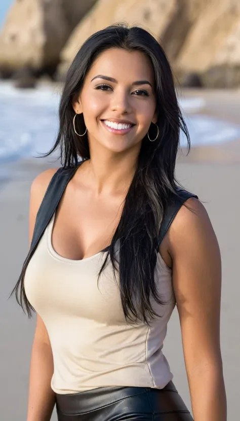 Portrait of a beautiful 25-year-old  woman, schwarze haare, beautiful latina, sleeveless shirt and black faux leather leggins, am strand, (heller sand, helles und lebendiges Licht: 1.2), shy smile, very big boobs, tanned, nsfw
