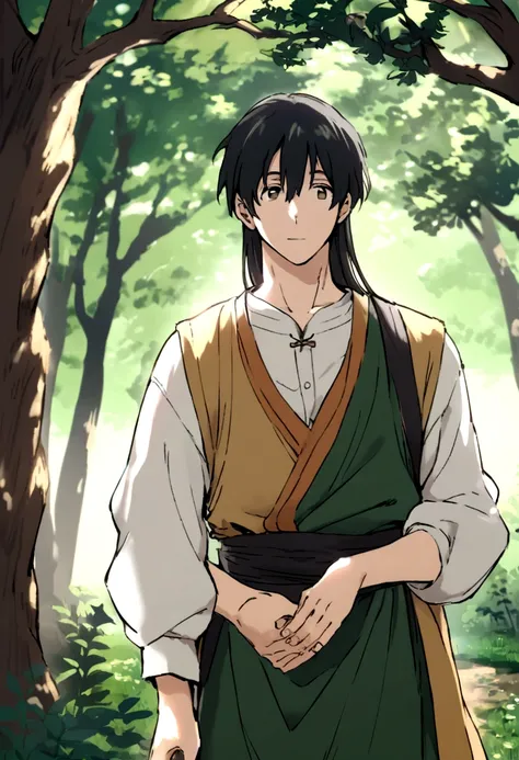 anime man in makoto shinkais style, long shoulder-length straight black hair, forest background, european clothing