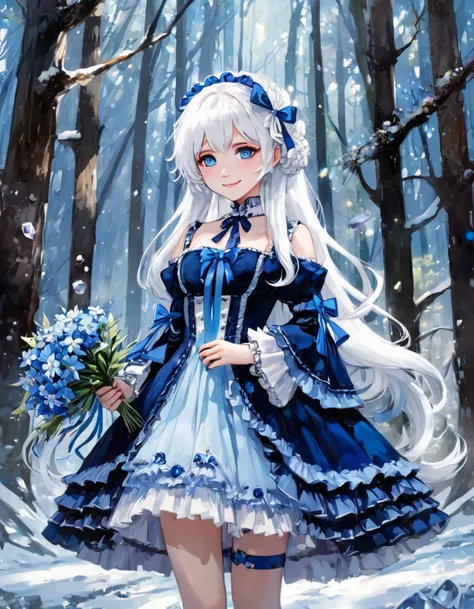 {blue and white theme}, 1girl, solo, alone, smiling, blue gothic lolita dress, (white hair, weavy long hair with blue ribbon:1.3), blue sapphire eyes, gems, jewelry, wide sleeves, holding bouquet of crystal flower, outdoors, frozen, forest, full body, mast...