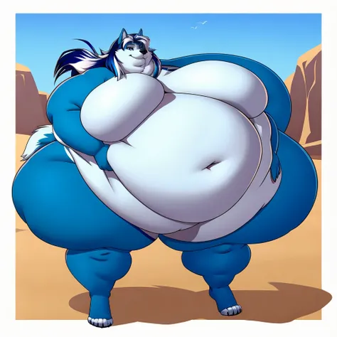 Malamute, female, huge breasts, huge hips, huge thighs, long hair, huge belly,fat arms, fat legs, belly rolls, fat rolls,double chin, chubby cheeks,blue body, white highlights, dark blue hair,rolled up tail