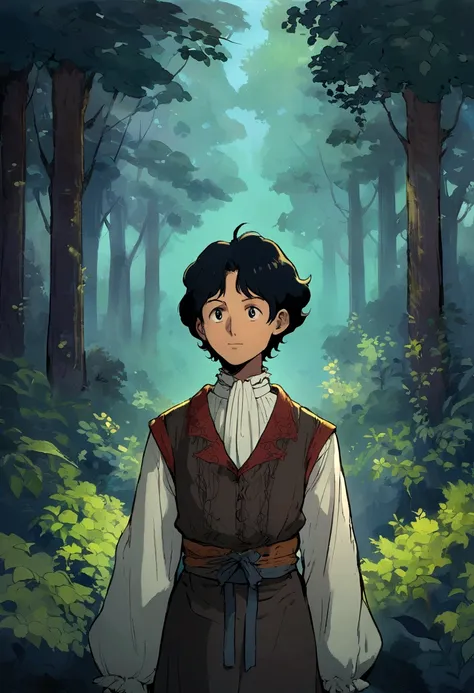 anime man in studio ghiblis style, shoulder-length straight black hair, forest background, european clothing