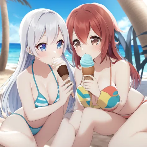 White hair brown eyes bikini girl, and red hair blue eyes bikini girl at beach , eating icecream