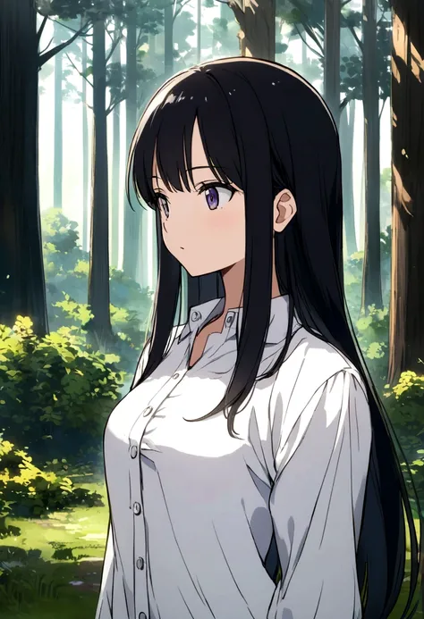 anime, shoulder-length straight black hair, forest background, white button-up