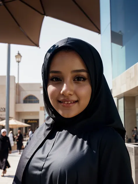 girl wearing a hijab, cinematic lighting, realistic skin, blushing, cute, sunlight, smiling, abaya, mall