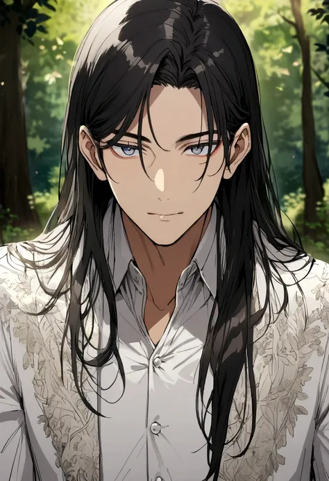 anime man, shoulder-length straight black hair, forest background, white button-up