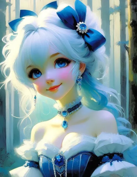 {blue and white theme}, 1girl, solo, alone, smiling, blue gothic lolita dress, (white hair, weavy long hair with blue ribbon:1.3), blue sapphire eyes, gems, jewelry, wide sleeves, holding bouquet of crystal flower, outdoors, frozen, forest, full body, mast...