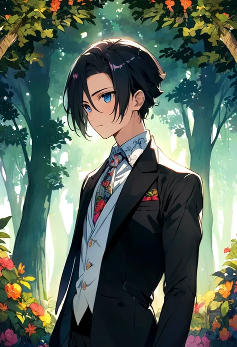 anime boy, shoulder-length straight black hair, forest background, white button-up