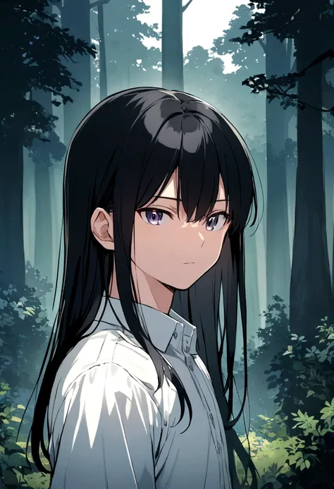 anime boy, shoulder-length straight black hair, forest background, white button-up