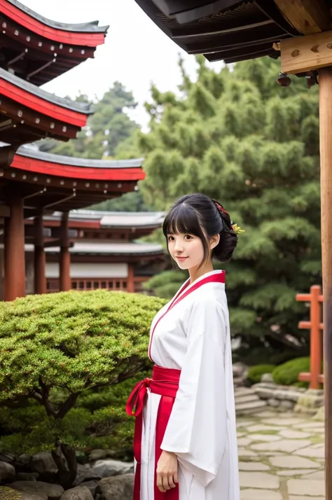 Red hakama, red Japanese style pants, the lower half of the costume is red, Main hall of the shrine, Shrine maiden, ((full body)), ((photo)), ((best qualtiy, 8K, tmasterpiece: 1.3)), Focus: 1.2, perfect figure beautiful girl: 1.4, 1girl, cowboy shot, look ...