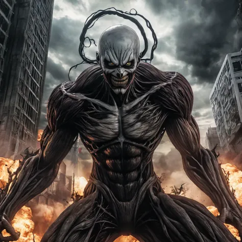 A photorealistic portrait of the Attack on Titan anime ending, featuring shinigami Ryuk in his Titan form battling the colossal Titan. Ryuk of death note as a titan, The portrait captures every detail of the scene, from the expressions on the characters fa...