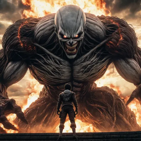 A photorealistic portrait of the Attack on Titan anime ending, featuring shinigami Ryuk in his Titan form battling the colossal Titan. Ryuk of death note as a titan, The portrait captures every detail of the scene, from the expressions on the characters fa...