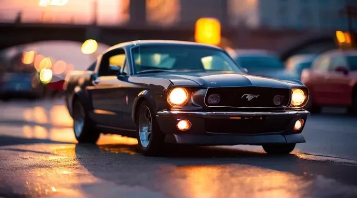 Mustang gt500, slate gray, parked beneath a city bridge at sunset, bridge lights casting kaleidoscopic hues, car gleaming, reflecting the myriad of colors, shot with a Canon mirrorless camera at 200mm focal length, focus on the sleek curves of the automobi...