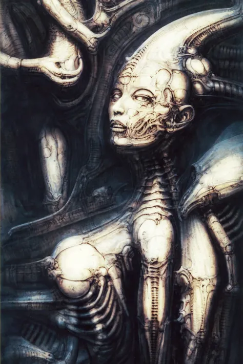 g1g3r, Giger_style, The image is a detailed view of H.R. Gigers " Biomechanical Landscape No 312 " plate, featuring a complex network of bones and organs in a purple-brown hue ,swirling gray and brown colorsgroup of three alien figures positioned in the fo...