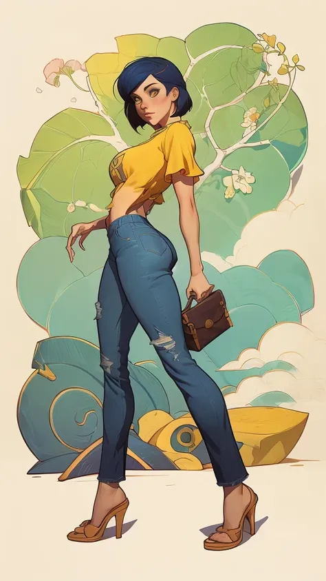 um desenho de uma mulher com uma fantasia verde e amarela, garota de anime desonesta, artgerm e lois van baarle, full body portrait of jeans cinza, Steven Artgerm Lau, desenhado no estilo de artgerm, fanart de alta qualidade, jeans cinza, High quality colo...