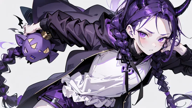 boy rabbit thoughtful look open forehead. dark purple hair braided into a ponytail on the left side. sinuous black horns wrapped in dark purple ribbon. pale violet eyes. in short dark purple shorts. long white T-shirt. dark purple knee-high socks. white lo...