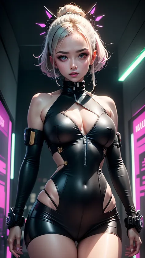 A woman, battle suit, with neon lights, helmet, cyberpunk, is posing sexy, extreme lights, extreme sharpness, (62k ultra definition), (((masterpiece))), (intricate details), beautiful design, original,