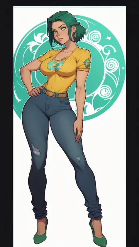 um desenho de uma mulher com uma fantasia verde e amarela, garota de anime desonesta, artgerm e lois van baarle, full body portrait of jeans cinza, Steven Artgerm Lau, desenhado no estilo de artgerm, fanart de alta qualidade, jeans cinza, High quality colo...