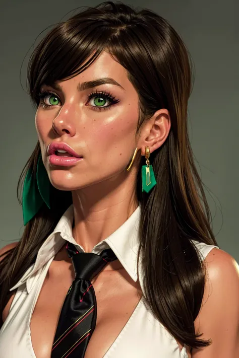 sexy adn strong woman, tie and term dark green colors, red tie, brown hair, small gold earring right ear, outlined black, anime, golden eyes, cold look, expression would bewoman tie and term dark green colors, red tie, brown hair, small gold earring right ...