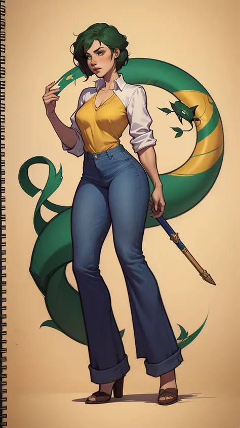 um desenho de uma mulher com uma fantasia verde e amarela, garota de anime desonesta, artgerm e lois van baarle, full body portrait of jeans cinza, Steven Artgerm Lau, desenhado no estilo de artgerm, fanart de alta qualidade, jeans cinza, High quality colo...