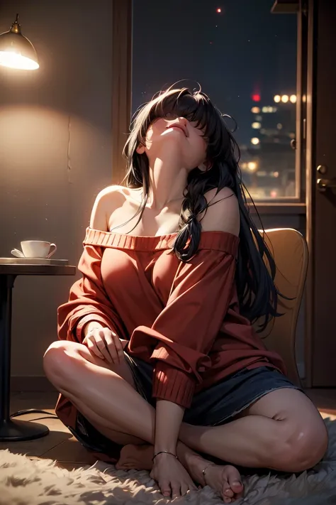 masterpiece, highest quality, High resolution, Super detailed, smile, Woman with long black hair and bangs, Bright Blue Eyes, Beautiful girl looking at the camera, Front view, ((Off-the-shoulder sweater)),((Light Red Sweater)),barefoot, night, Warm indoors...