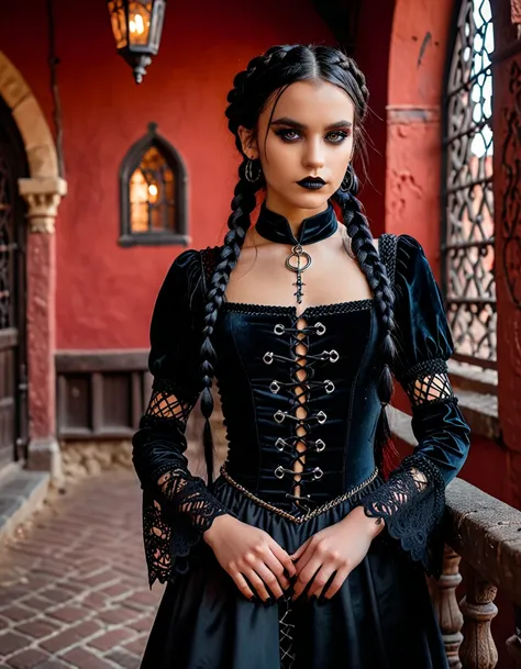 cinematic photo professional full body photography, photo shoot ((17 year old girl)) braided black hair, gothic makeup and clothes, location is a medieval brothel, red walls, model wearing a transparent , Nikon Z9. 35mm photography, film, bokeh, profession...