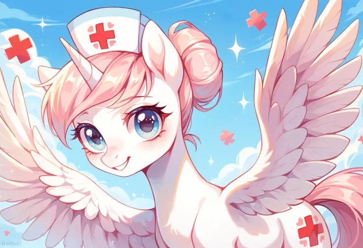 mlp role，nurse red heart，blue sky，white pony，white wings，white unicorn，pink sideburns and tail，smile，cute look