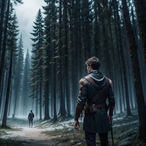 Criar uma capa de livro de fantasia infantojuvenil no estilo de Harry Potter e Percy Jackson. The scene should show a young hunter from behind, segurando uma besta, facing a large werewolf in a dark and magical forest. The hunter must be dressed in detaile...