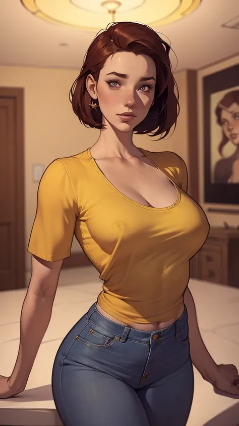 um desenho de uma mulher de jeans e blusa amarela, Estilo de arte de Charlie Bowater, arte do personagem Charlie Bowater, estilo artgerm, retrato de personagem de corpo inteiro, artgerm e lois van baarle, estilo de charlie bowater, retrato de corpo inteiro...