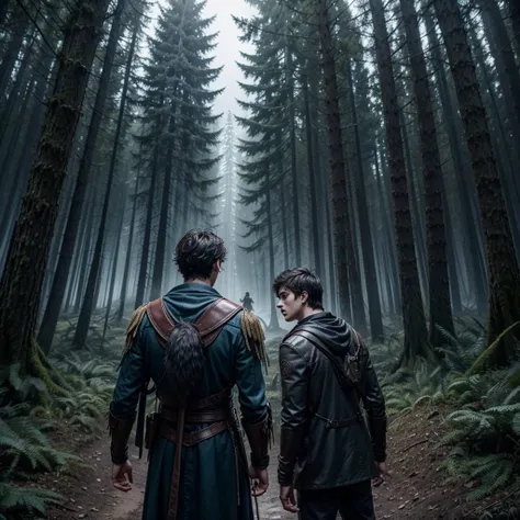 Criar uma capa de livro de fantasia infantojuvenil no estilo de Harry Potter e Percy Jackson. The scene should show three young males with their backs together with a large strong hunter facing away, segurando uma besta, facing a large werewolf in a dark a...