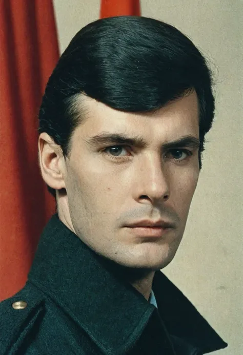 color photo, young investigator at the USSR Ministry of Internal Affairs in 1980. a tall man, 28-30 years old with a serious face. Clean-shaven, neat. Wearing a black jacket