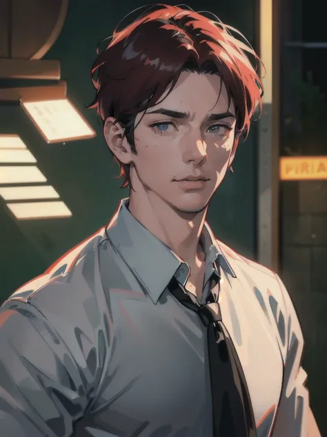 a 40 year old man (red short hair:1.0), grey eyes, moles all over the face, wearing an official uniform, masculinity, teacher, (best quality,4k,8k,highres,masterpiece:1.2),ultra-detailed,(realistic,photorealistic,photo-realistic:1.37),cinematic lighting,hi...