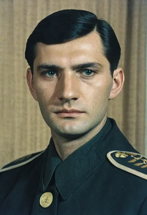 color photo, young investigator at the USSR Ministry of Internal Affairs in 1980. a tall man, 28-30 years old with a serious face. Clean-shaven, neat. Wearing a black jacket