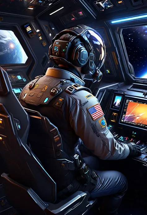 back view of male pilot half-turning to look at camera, holding holographic navigation device and sitting in chair in spaceship ...