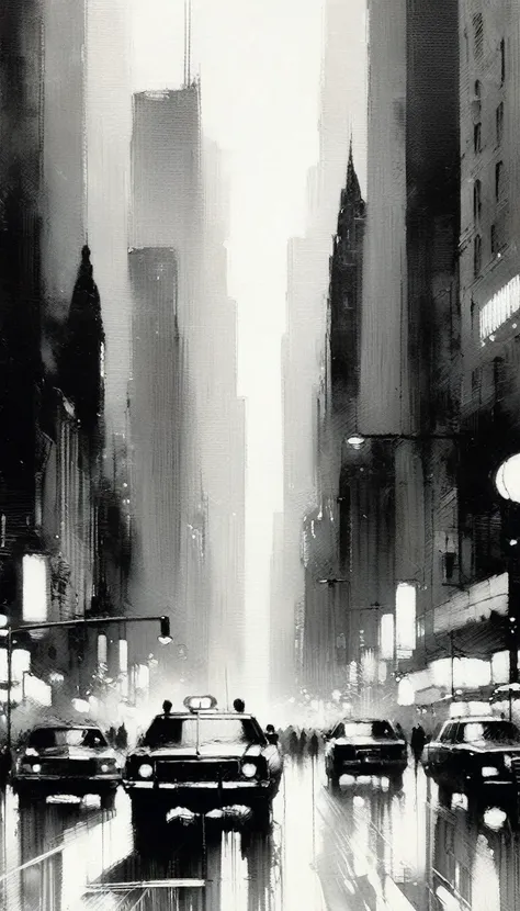 the bustling city, black and white image (art inspired by Bill Sienkiewicz). oil painting, details of brush strokes that enhance depth)
